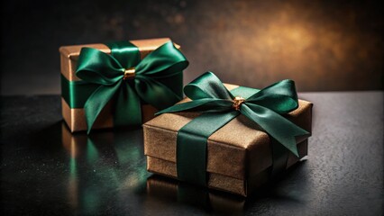 Wall Mural - Elegant bronze gift boxes with emerald green ribbons