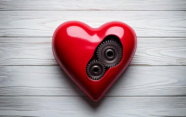 Wall Mural - Red Heart with Mechanical Gears on White Wooden Background Symbolizing Emotions and Technology