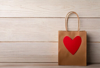 Wall Mural - Brown Paper Gift Bag with Red Heart on White Wooden Background for Valentine’s Day