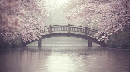 Poster - A serene Japanese bridge over a pond surrounded by blooming cherry blossoms.