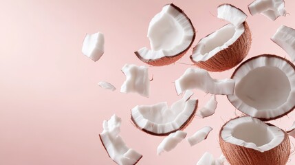 Aufkleber - Slices and halves of fresh coconuts are levitating on a pastel pink background, creating a visually appealing scene for food and beverage advertising