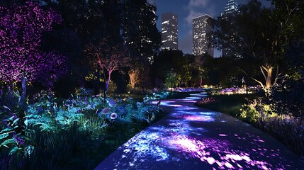 A walkway in a park is lit up with neon lights, creating a colorful