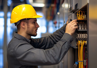 Poster - Electrician working on electrical panel with yellow hard hat