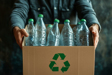 Man reusing plastic bottles. Male hands collecting garbage for recycling, waste processing, rubbish reduce and environmental protection concept