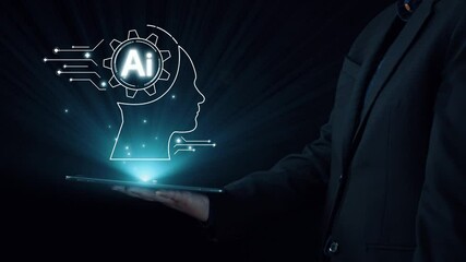 Poster - human interact with ai artificial intelligence brain processor in concept of ai artificial intellige