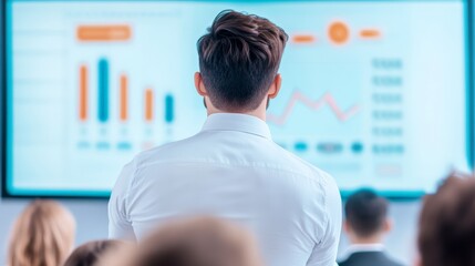 Aufkleber - Businessman standing in front of a large screen showing charts and graphs, presenting growth strategy to investors during a conference meeting