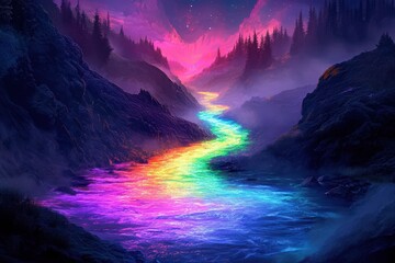 Canvas Print - Rainbow River Flows Through a Mountainous Night Scene