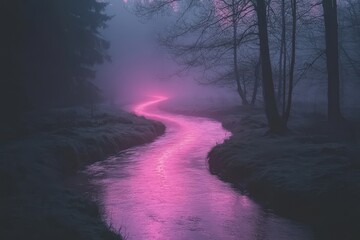 Canvas Print - Pink Sunset Glow Illuminates Winding Forest Stream