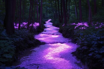 Wall Mural - Purple illuminated stream flows through a dark forest