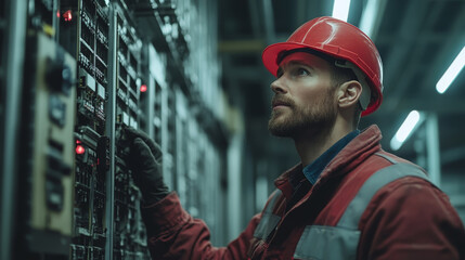 Poster - Electrician inspecting electrical panels in commercial setting