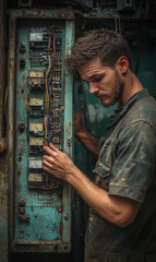 Poster - Electrician working on vintage electrical box wiring