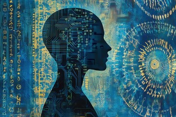 Poster - Abstract digital human profile with circuit board patterns and binary code, symbolizing artificial intelligence or machine learning concept on a blue background Generative AI