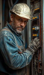 Poster - Electrician working on vintage electrical box wiring