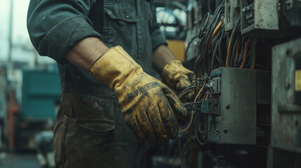 Poster - Electrician wearing gloves while handling electrical wires