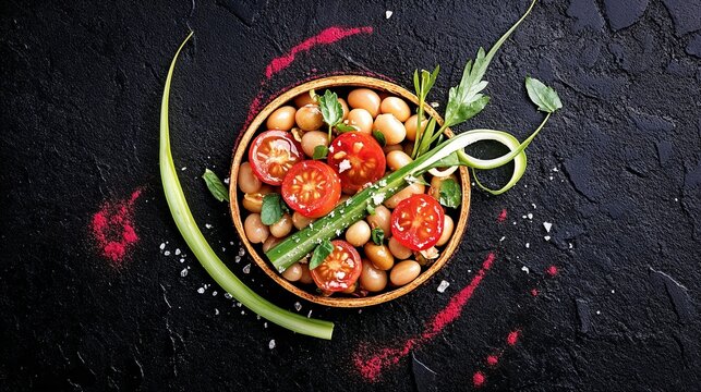 Gourmet Salad with Tomatoes, Beans, and Green Onion – Artistic High Cuisine Presentation for Trendy Menus