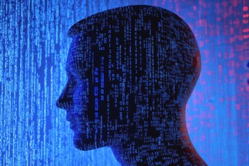 Poster - Abstract human head profile made of circuit board and binary code on a blue background, an artificial intelligence concept Generative AI