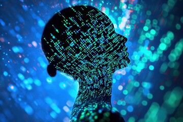 Poster - Abstract digital human profile made of circuit board and binary code on a blue background, a concept for artificial intelligence technology or big data concepts Generative AI
