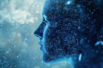 Poster - Abstract human head profile made of circuit board, binary code, and digital technology concepts with a blue background for artificial intelligence or machine learning concepts Generative AI