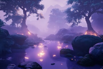 Canvas Print - Serene Purple Twilight River Scene with Glowing Trees