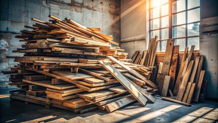 Wall Mural - Sunlight illuminates a large pile of assorted lumber in a rustic workshop