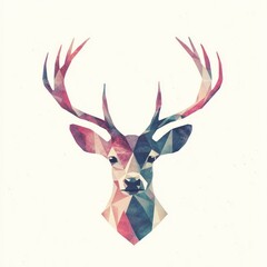 Poster - Geometric deer head with colored triangles, isolated on white, for graphics or pattern use