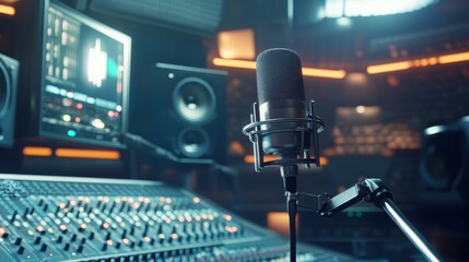 Aufkleber - Professional condenser microphone positioned for recording vocals in a modern music studio with an audio mixer, computer, and monitors, creating an optimal sound production environment