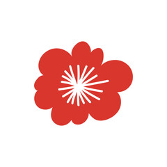 Poster - Chinese red flower in flat design. Oriental sakura blossom, floral bloom. Vector illustration isolated.