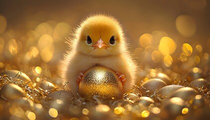 Poster - Cute fluffy chick holding a shiny gold ball surrounded by golden eggs on a shimmering background creating a festive and warm atmosphere for easter celebrations