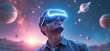 © Radorog. - A man wearing virtual reality glasses inside the game examines the planets