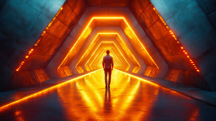 Poster - Warm-toned wooden tunnel with triangular shapes and glowing orange lights, reflecting on a polished surface for a cozy and modern aesthetic