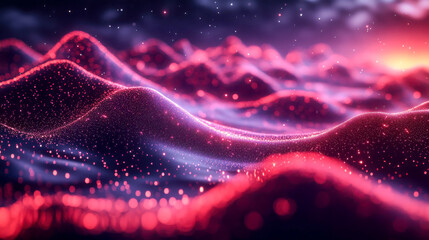 Poster - Glowing holographic waves in vibrant pink and purple hues, with soft particle light effects. Futuristic and abstract digital design