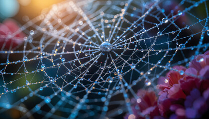 Close-up of dewdrops on a spiderweb