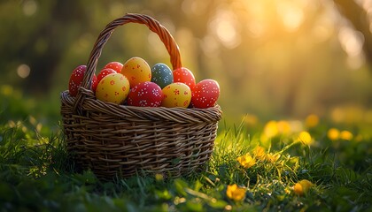 Poster - Colorful Easter Eggs in a Woven Basket on Green Grass Surrounded by Wildflowers with a Warm Soft Light in a Peaceful Outdoor Setting