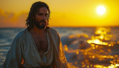 Aufkleber - Man Standing in Shallow Water at Sunset, Silhouette Against Golden Sky, Reflections on Calm Ocean, Spiritual and Inspirational Vibe, Warm Colors, Peaceful Atmosphere