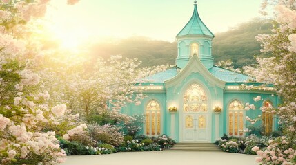 Canvas Print - Pastel Chapel Spring Blossoms Sunny Day