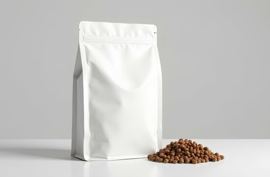 Pet Food Product Blank Paper Bag Package. Foil Pouch Packaging Eatery Pet Food For Feeding Domestic Animal Dog Or Cat. Snack Sachet Pack Zoo Store Mockup 
