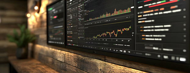 Poster - Stock market data on monitors in rustic office