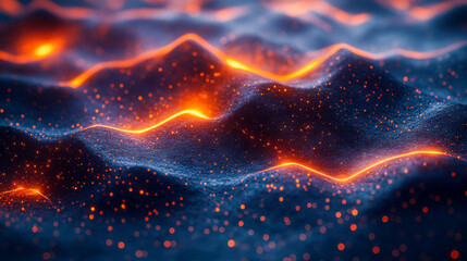 Poster - Abstract glowing wave of orange particles on a dark surface, creating a futuristic and technological aesthetic