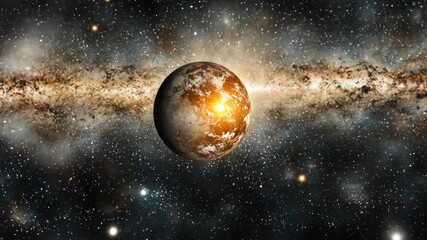 Wall Mural - Bright planet illuminated against a backdrop of swirling galactic clouds and distant stars in the cosmos
