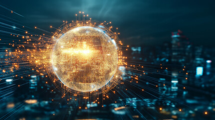Wall Mural - digital cityscape: a futuristic cityscape, illuminated by the ethereal glow of a pulsating sphere, c