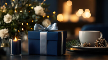 Wall Mural - beautifully wrapped navy blue gift box with silver ribbon, surrounded by festive decor