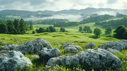 Wall Mural - Rocky meadow with morning mist over rolling green hills, ideal for landscapes