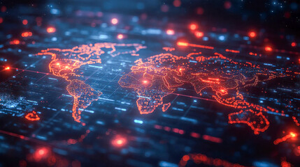 Poster - A glowing digital map of the world with highlighted business connections and networks