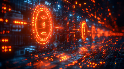 Poster - A futuristic digital concept featuring a glowing cryptocurrency symbol on a high-tech circuit board, symbolizing blockchain and fintech innovation