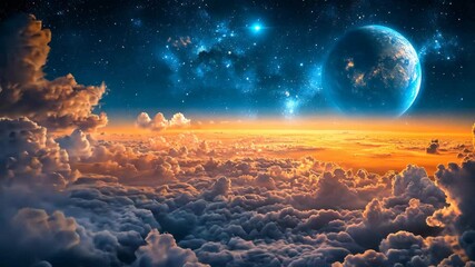 Wall Mural - Stunning view of a colorful sunset sky with clouds and an enormous planet in the cosmos