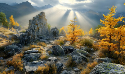 Sticker - Autumn mountain sunrise, golden larches, rocky path