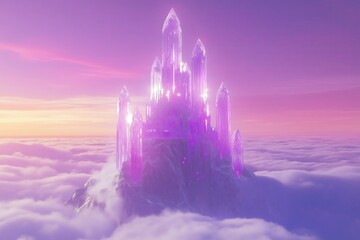 Poster - A crystal castle floating above the clouds under a glowing purple sky
