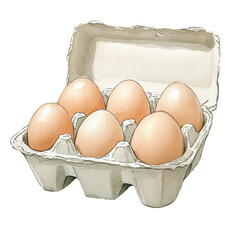 Aufkleber - A watercolor painting depicts six brown eggs nestled within an open cardboard egg carton.