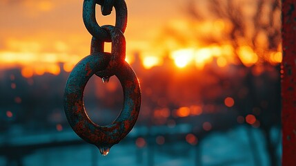 Sticker - Rusty chain with water droplet at sunset over blurred cityscape