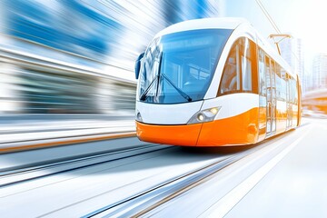 Poster - modern orange and white tram speeding through an urban environment with motion blur, symbolizing eff